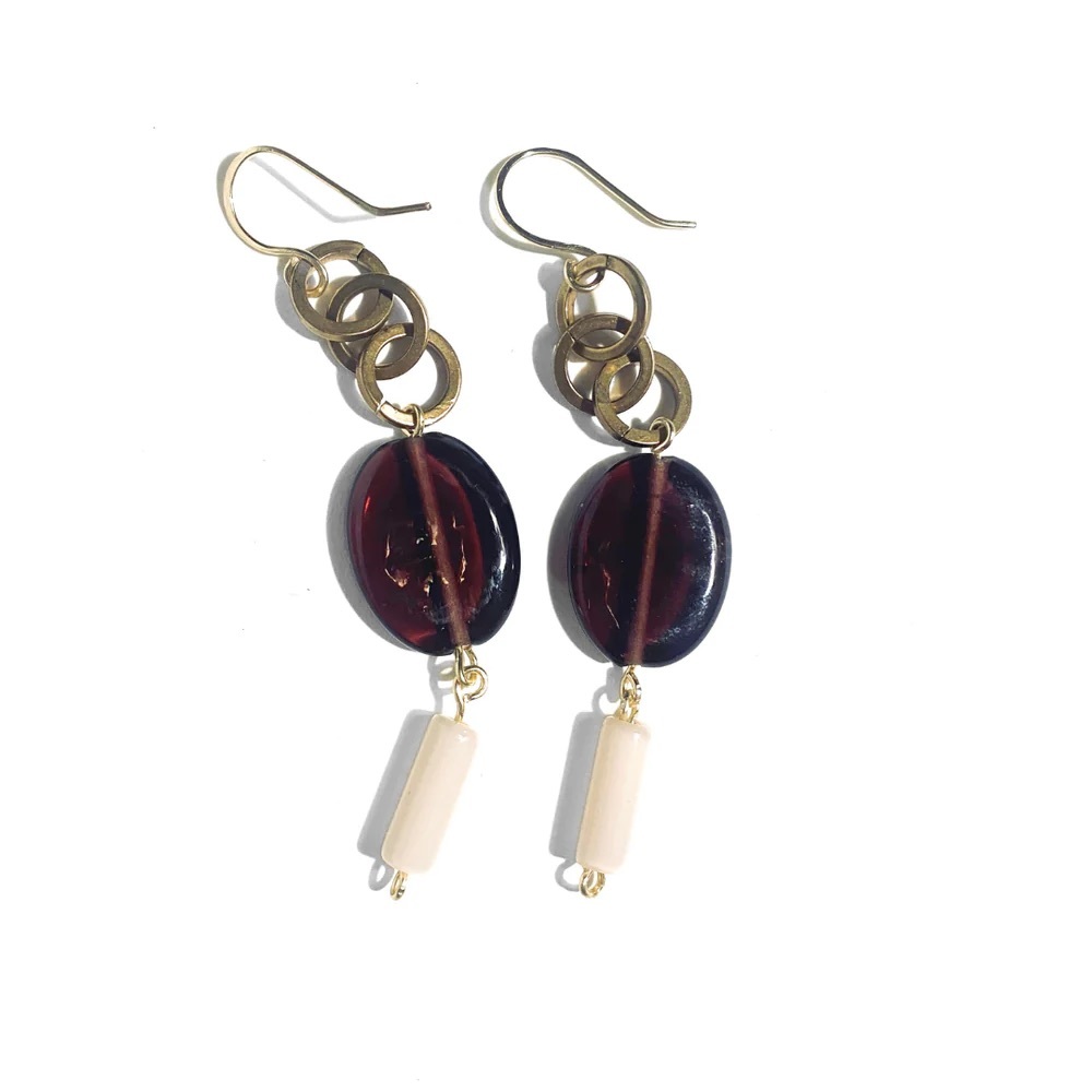 Handmade Vintage Violet Glass Bead Earrings |Gold and Brass Minimalist Statement